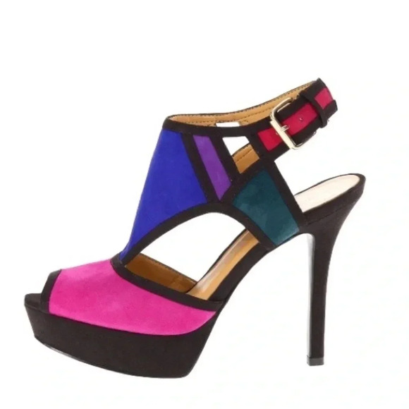 NINE WEST | WOMEN'S FOUNDER PEPTOE PLATFORM PUMP MULTICOLOR SUEDE SIZE 8M (NWOB) - Picture 1 of 8